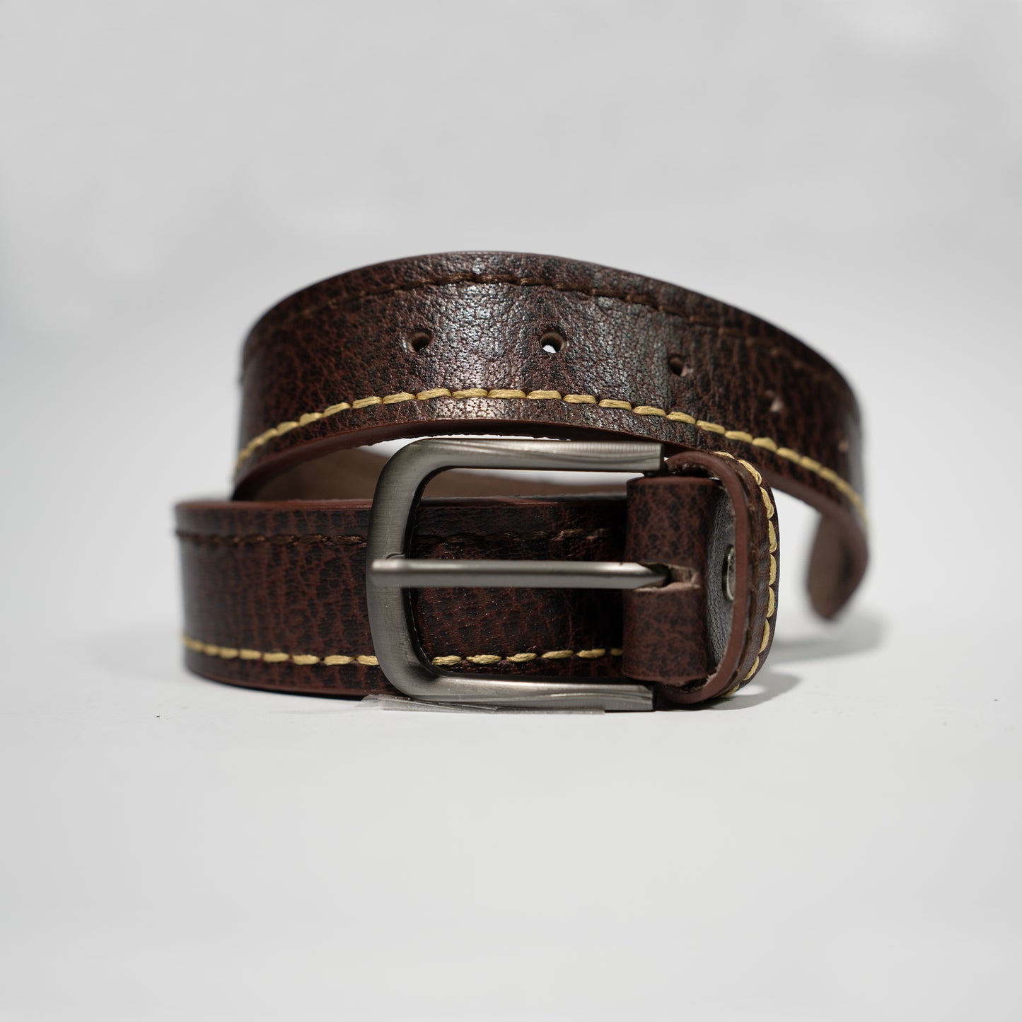 Dark Brown Genuine Leather Belt – Contrast Stitching with Classic Buckle