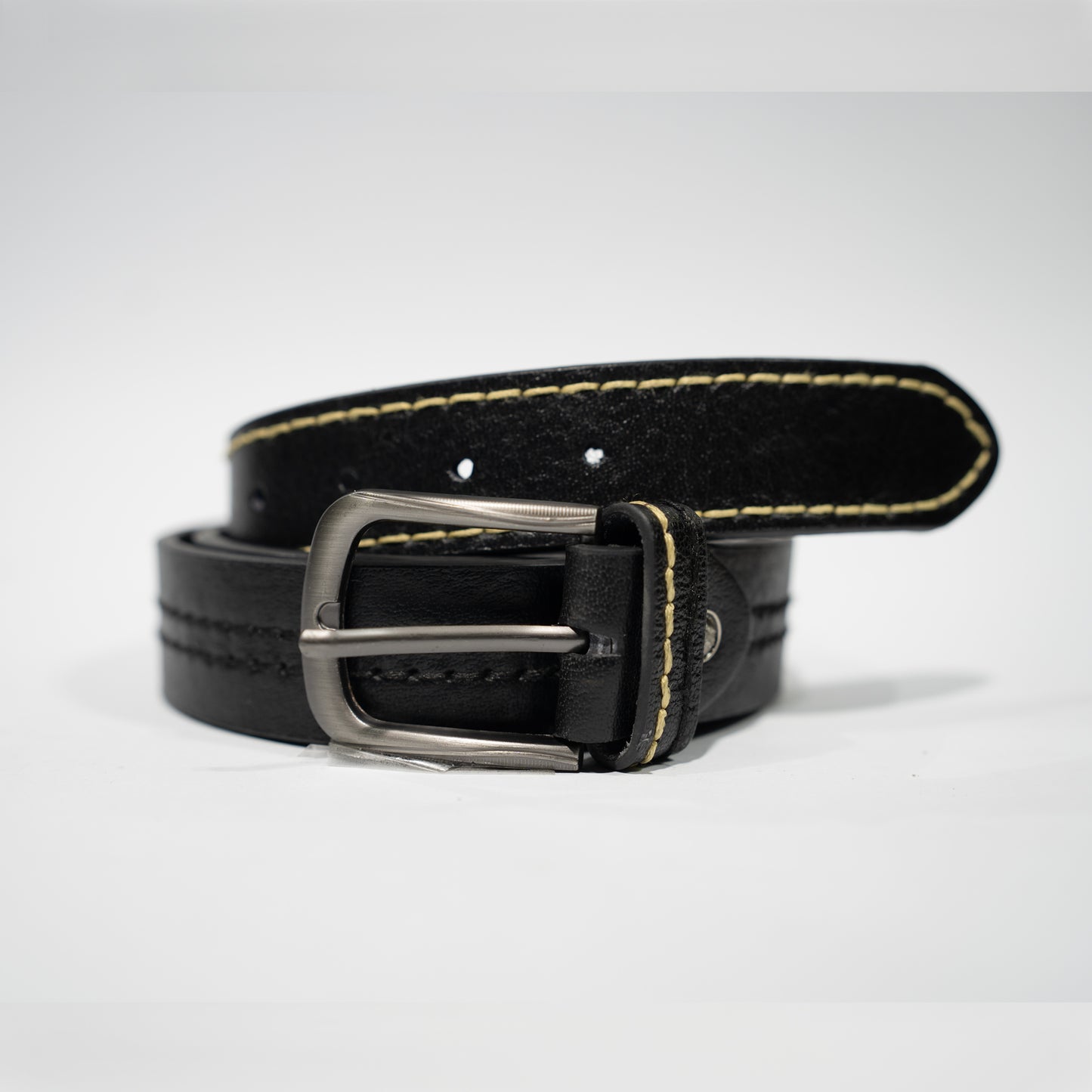 Black Genuine Leather Belt – Double Stitch Design with Classic Buckle