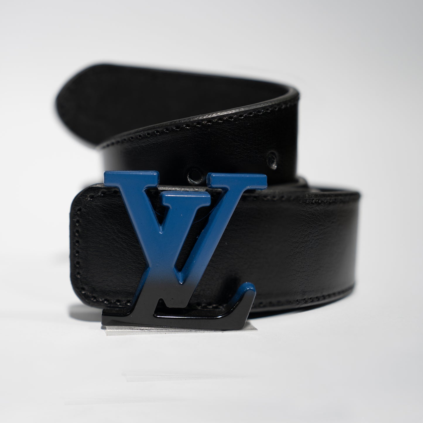 Black Genuine Leather Belt – Blue LV Logo Buckle