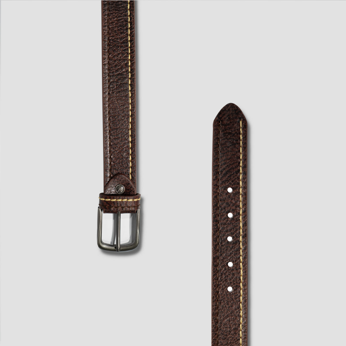 Dark Brown Genuine Leather Belt – Contrast Stitching with Classic Buckle