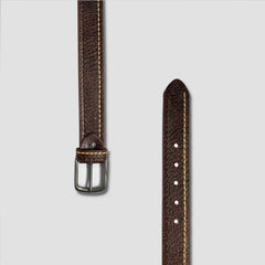 Dark Brown Genuine Leather Belt – Contrast Stitching with Classic Buckle