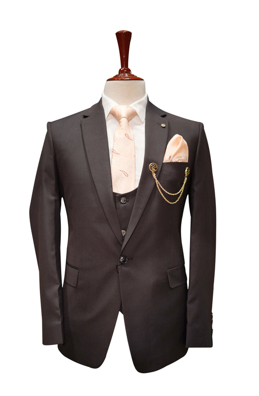Men’s 3-Piece Classic Formal Suit – Dark Charcoal with Peach Tie & Pocket Square