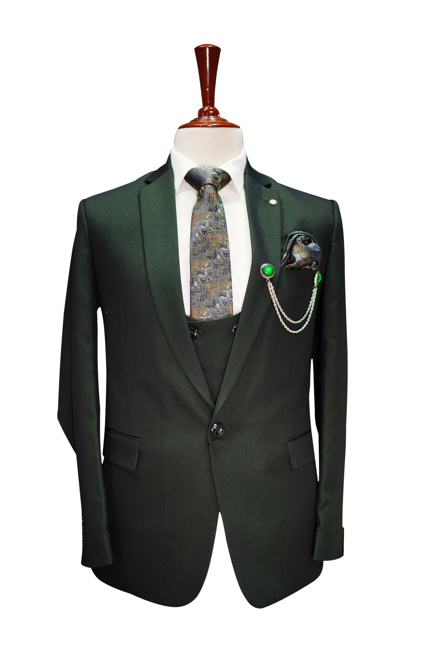 Dark Green 3-Piece Men’s Suit with Waistcoat & Chain Brooch