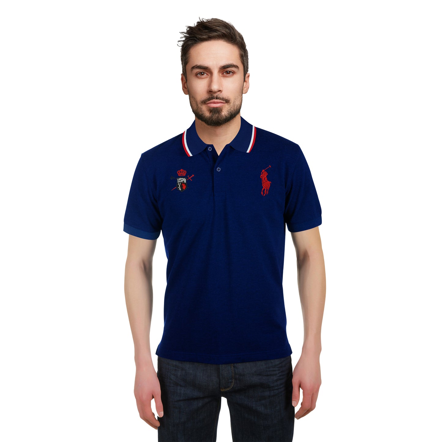 Navy Polo Shirt – Red Crest & Logo Design