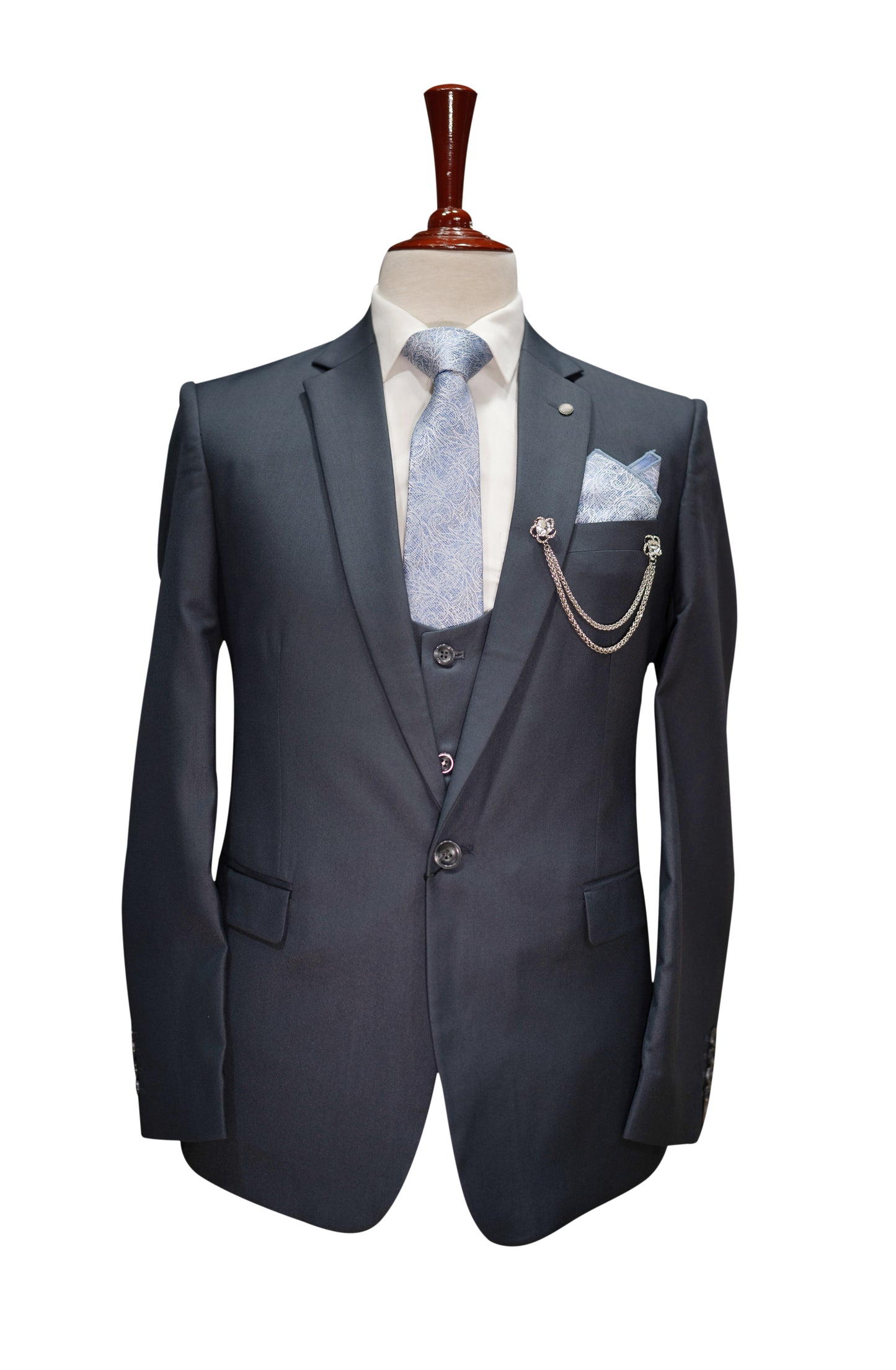 Charcoal Grey 3-Piece Men’s Suit with Waistcoat & Chain Brooch