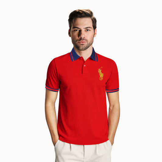 Men’s Red Polo – Yellow Logo Edition