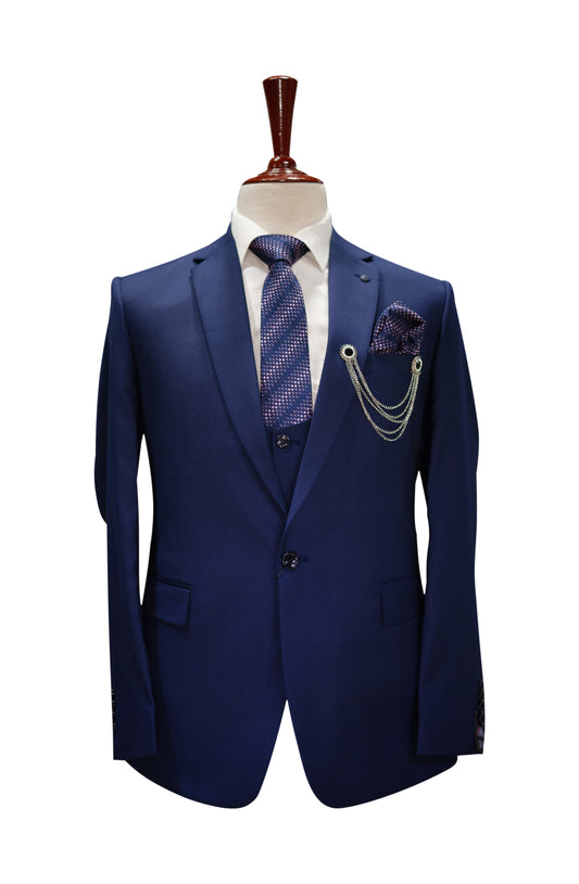 Royal Blue 3-Piece Men’s Suit with Matching Tie, Pocket Square & Chain Brooch
