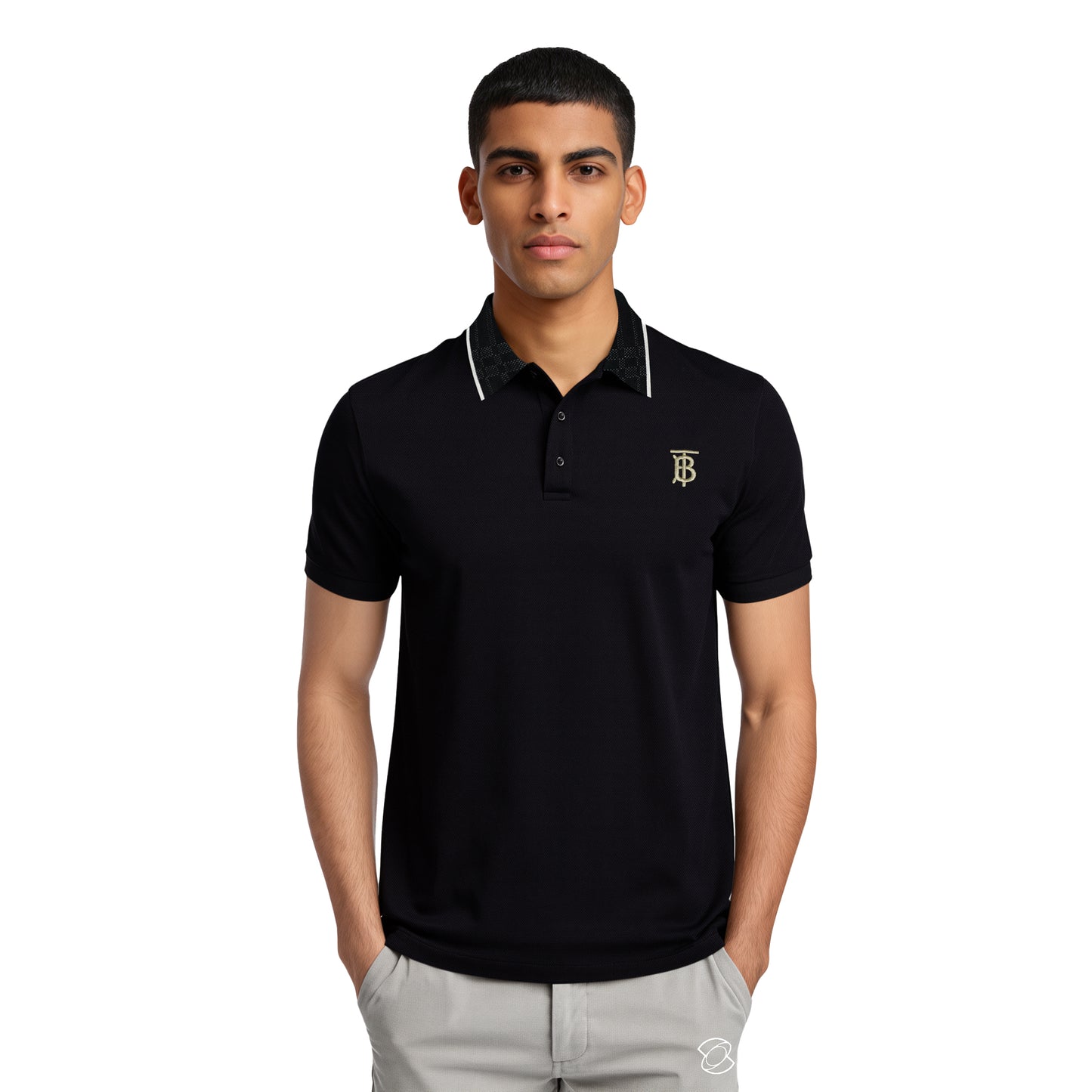Black Polo – Golden TB Logo & Contrast Collar