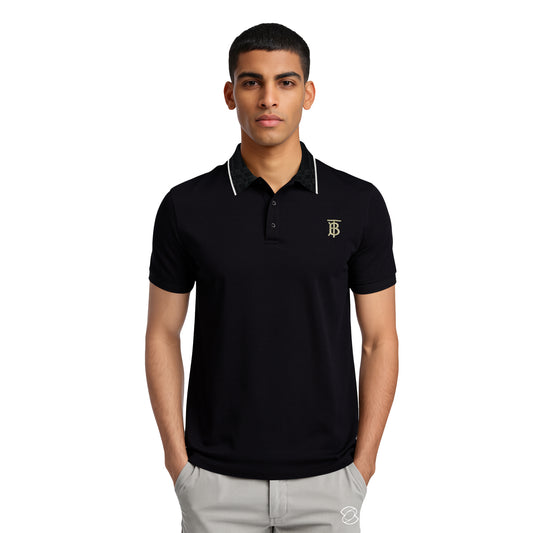 Black Polo – Golden TB Logo & Contrast Collar
