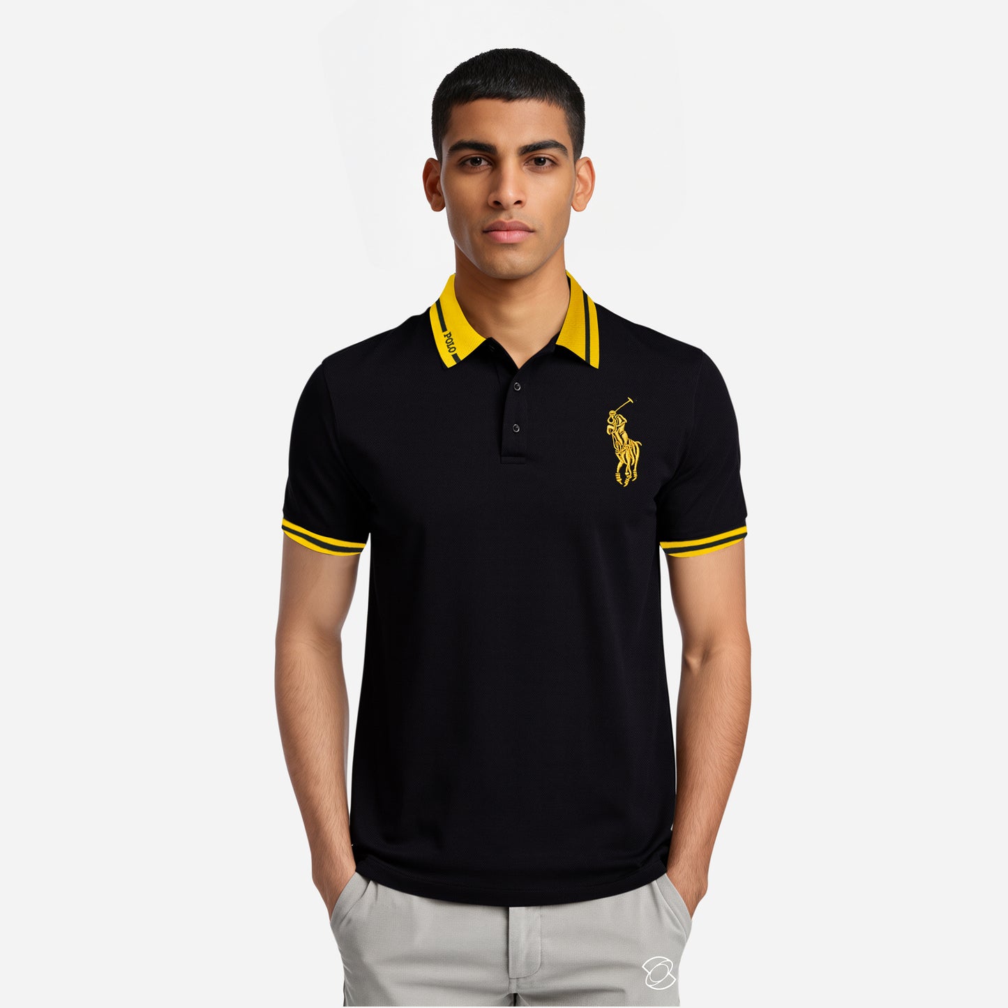 Men’s Black & Yellow Polo – Bold Logo Style