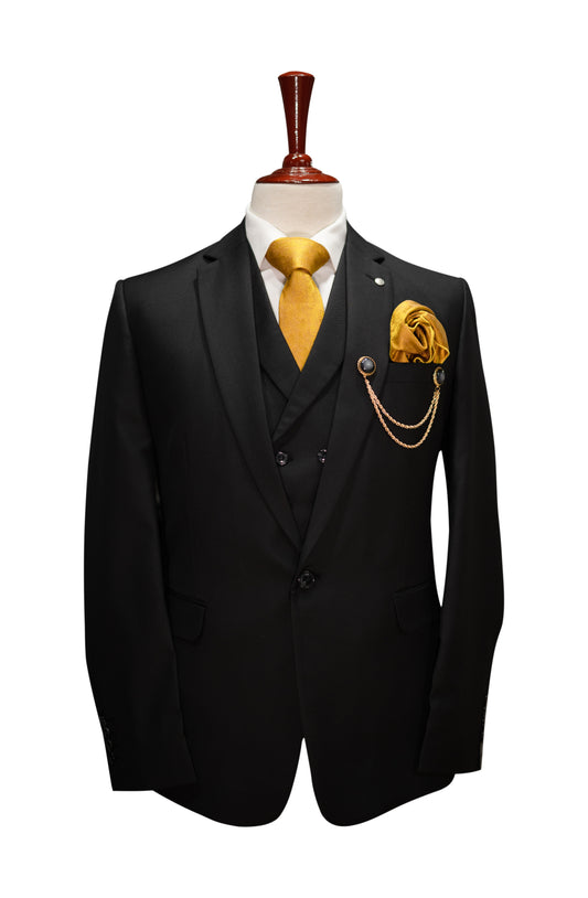 Black 3-Piece Men’s Suit with Golden Tie & Pocket Square