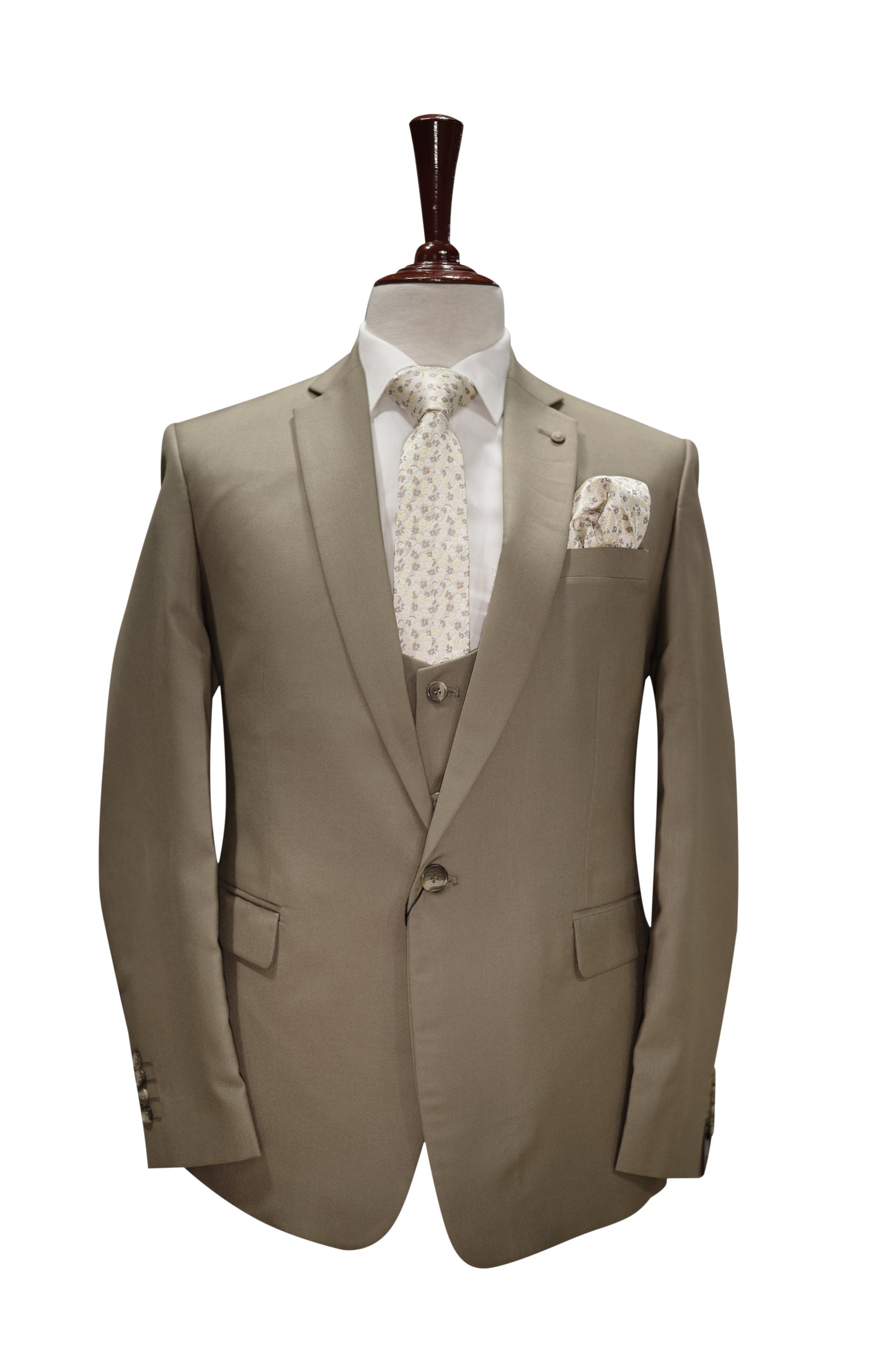 Beige 3-Piece Men’s Suit with Floral Tie & Pocket Square