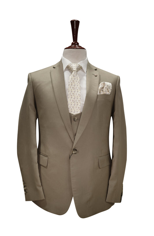 Beige 3-Piece Men’s Suit with Floral Tie & Pocket Square