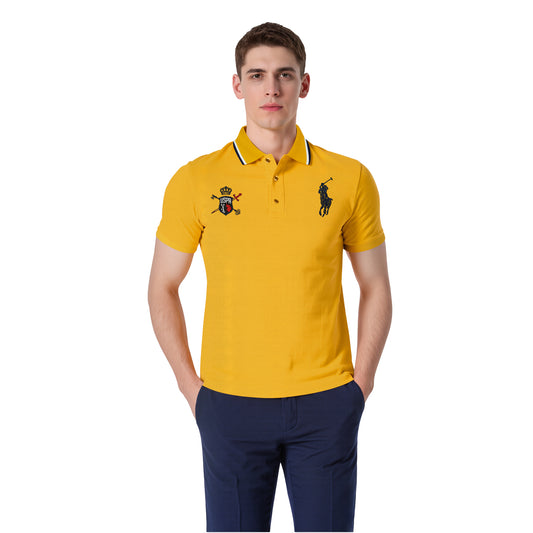 Yellow Polo Shirt – Navy Crest & Logo Contrast