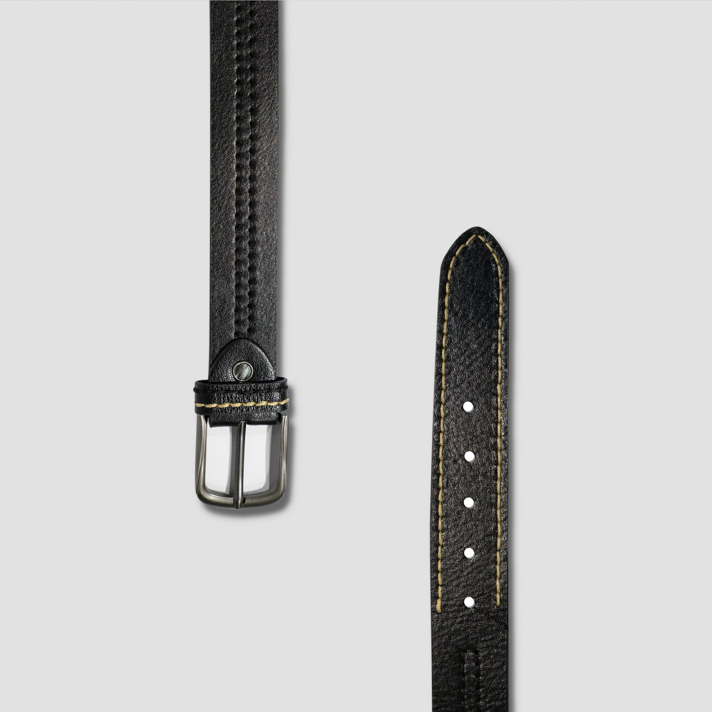 Black Genuine Leather Belt – Double Stitch Design with Classic Buckle