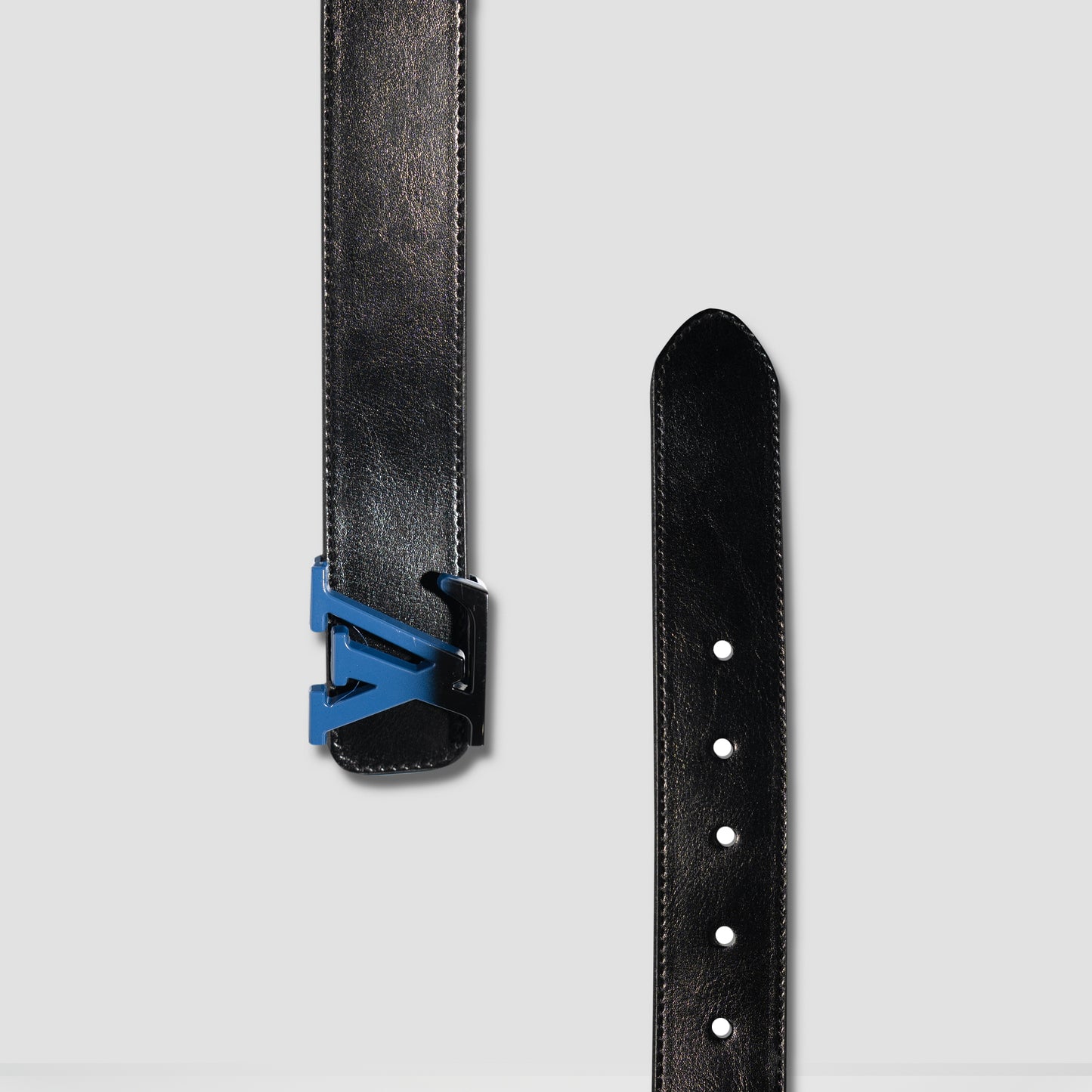 Black Genuine Leather Belt – Blue LV Logo Buckle