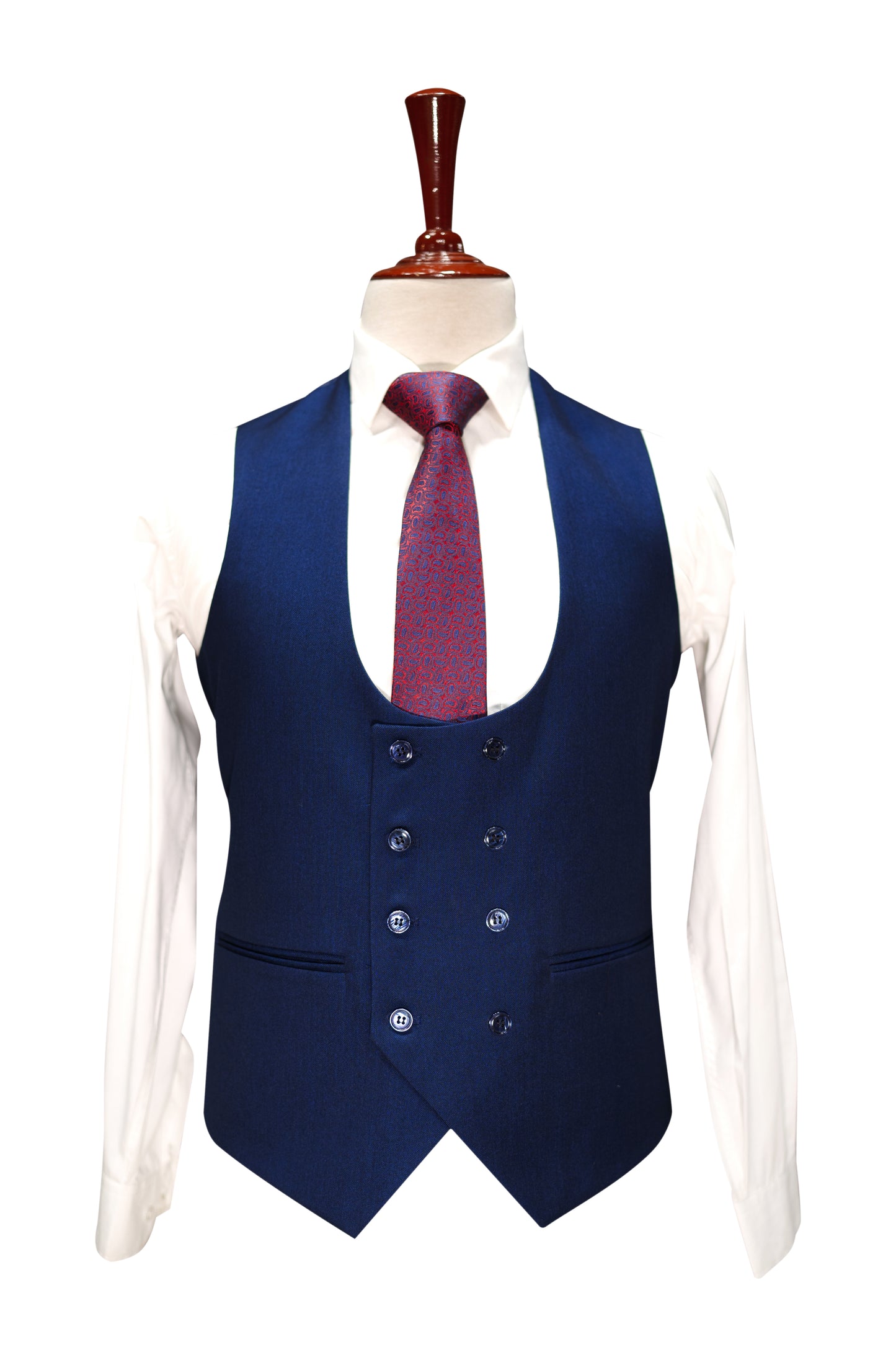 Men’s Double-Breasted Royal Blue Waistcoat with Red Tie – Formal Slim Fit Vest