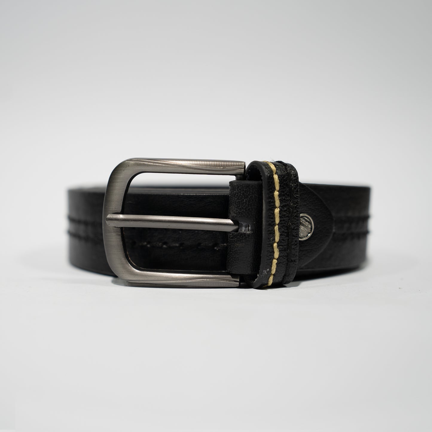 Black Genuine Leather Belt – Double Stitch Design with Classic Buckle