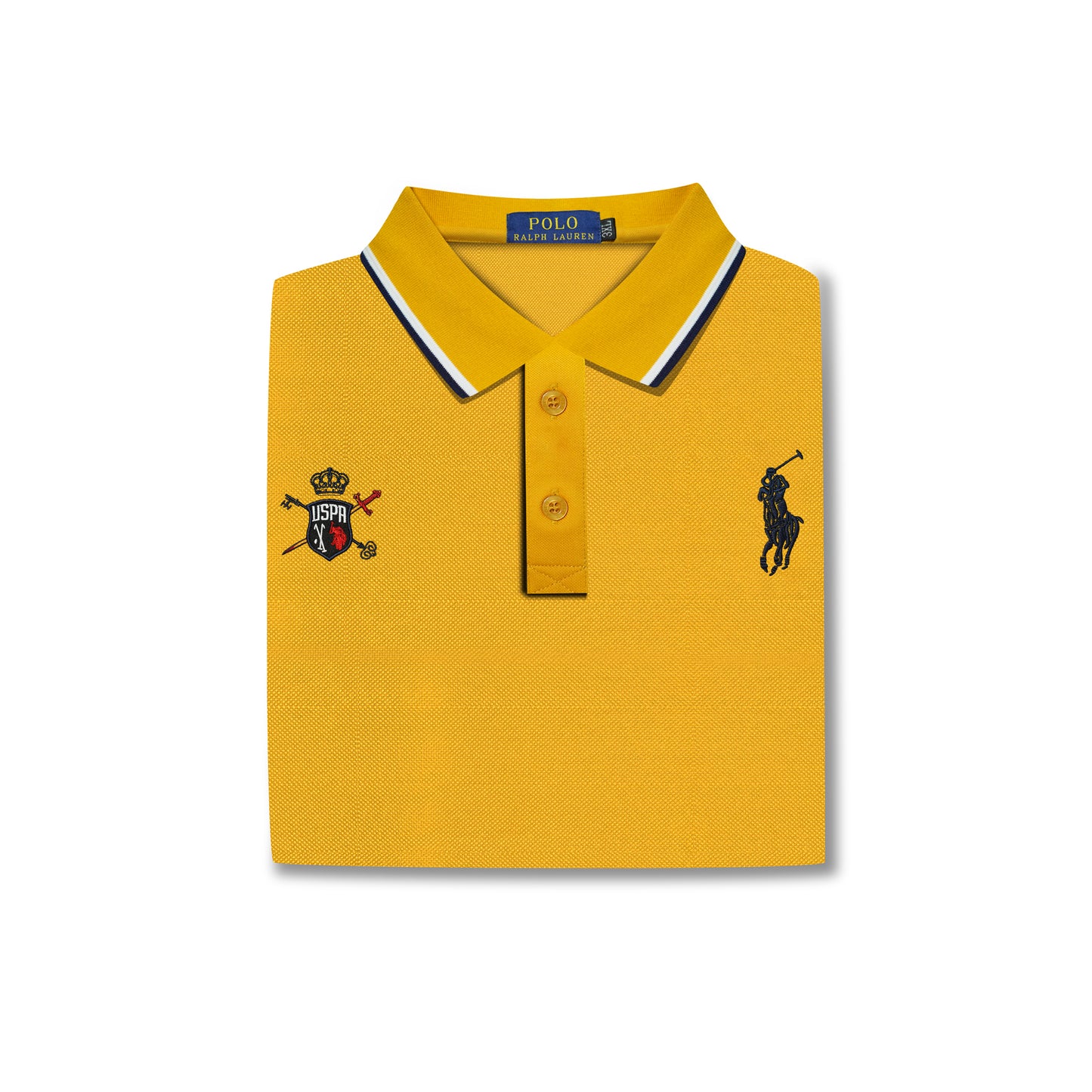 Yellow Polo Shirt – Navy Crest & Logo Contrast