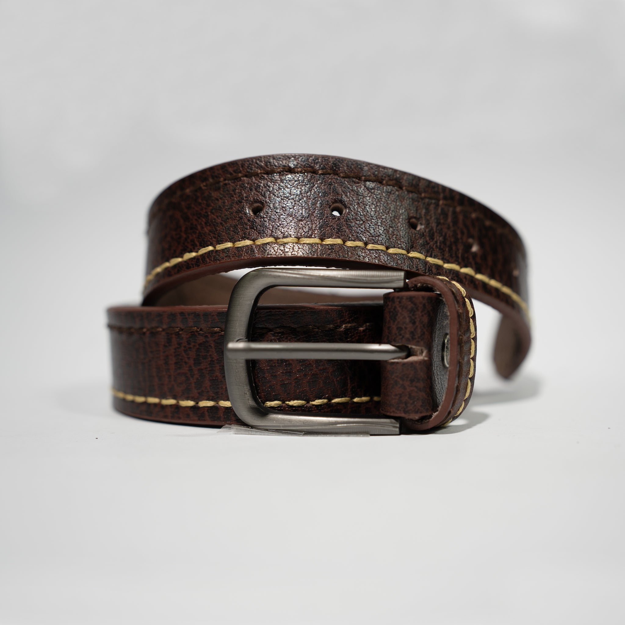 Dark Brown Genuine Leather Belt – Contrast Stitching with Classic Buckle