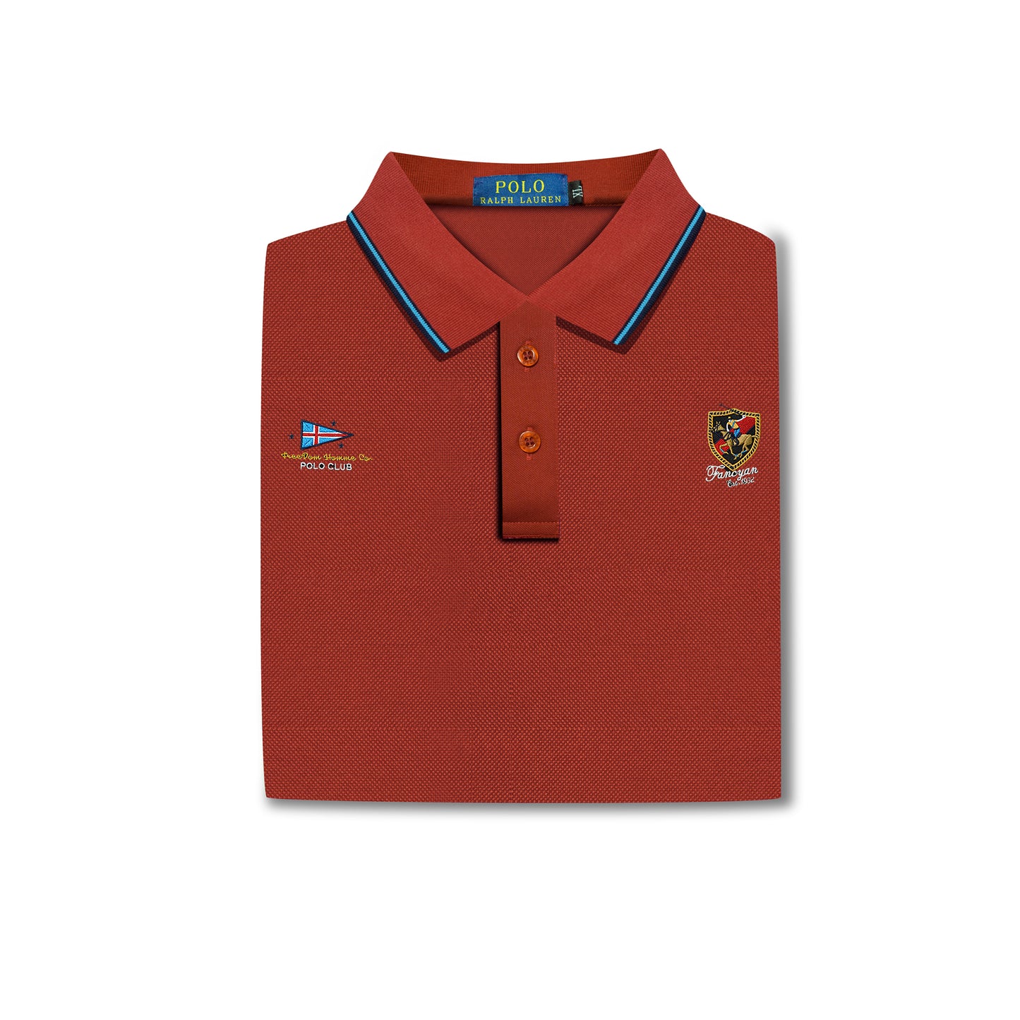 Rust Maroon Polo – Blue Trim & Crest Detailing